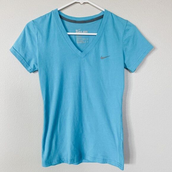 Nike V-Neck Teal Blue Activewear Dri-Fit Slim Fit Shirt, XS - Picture 2 of 6